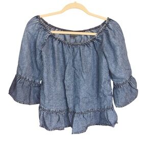 New York & Company Blue Denim Ruffle Blouse Size Small
